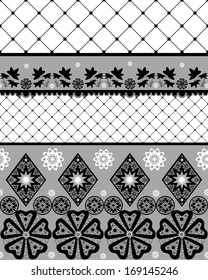 Black seamless lace pattern with fishnet on white background