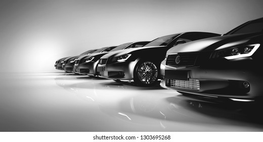 Black Sedan Cars Standing In A Row. Fleet Of Generic Modern Cars. Transportation. 3D Illustration.