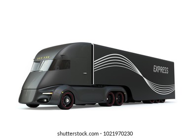 Black Self-driving Electric Semi Truck Isolated On White Background. 3D Rendering Image.