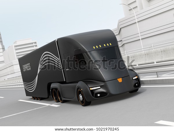 Black self-driving electric semi truck driving on\
highway. 3D rendering\
image.