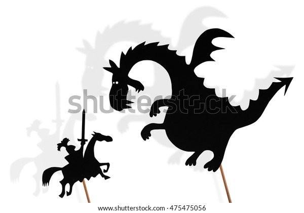 Black shadow puppets of dragon and knight and\
their shades on white\
background.