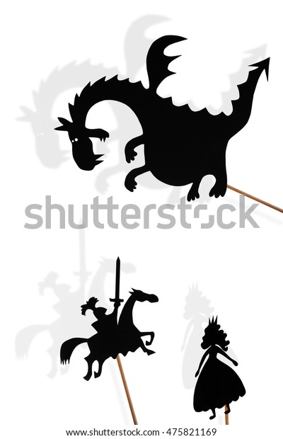 白い背景にドラゴン プリンセス ナイトの黒い影の人形とその影 のイラスト素材