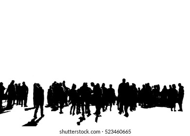 Black Shadows Of A Large Group Of People Walking And Talking On A White Background