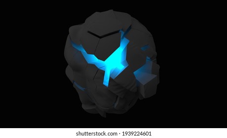 Black Shattered Rock With Blue Light 3D Rendering.