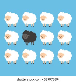 Black Sheep Between White Sheep Illustration. Stand Out From The Crowd Concept.