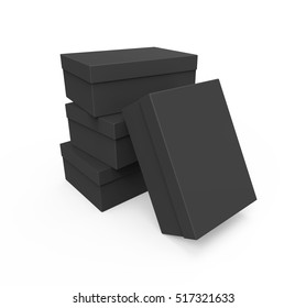 Black Shoe Boxes Isolated On White Background, Mockup For Your Design. 3D Illustration