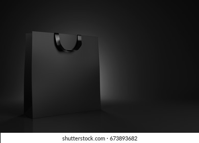 Black shopping bag on black background. Advertising and branding. 3d rendering