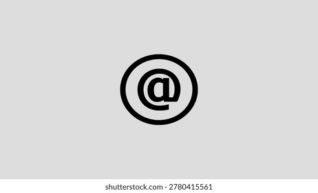 A black at sign is centered within a double circle on a light gray background. The at sign is enclosed in a thick black circle which is itself enclosed in a slightly thicker black circle. The is simple and minimalistic.