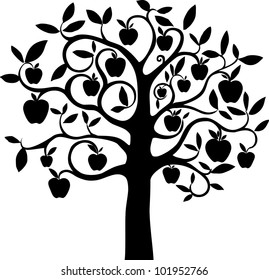 Black silhouette apple tree isolated on White background. Illustration