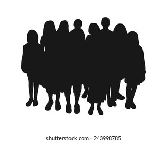 Black Silhouette Of A Big Group Of Children Age 8-12 Years, Full Size.