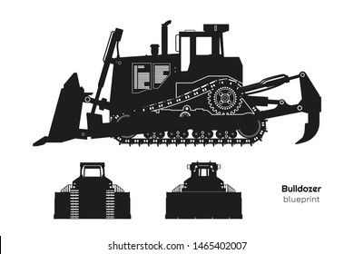 Black silhouette of bulldozer. Front, side and back view of digger. Building machinery image. Industrial isolated drawing of dozer. Diesel vehicle blueprint