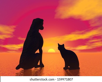 Black Silhouette Of A Cat Next To Dog Sitting And Looking At The Beautiful Red Sunset