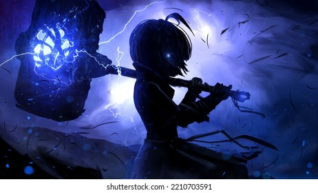 A Black Silhouette Of A Cute Anime Girl In A Dress, She Is A Demigod With A Huge Electric Hammer Standing In The Middle Of Wind Storm With Thunder And Lightning Her Eyes Are Shining In The Dark 2d Art