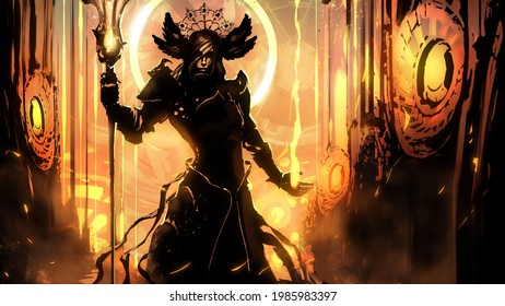 The black silhouette of a dark, slender priestess with a staff, in a somber robe, and a strange diadem on her head with wings, stands in the middle of the ruins of an ancient civilization
