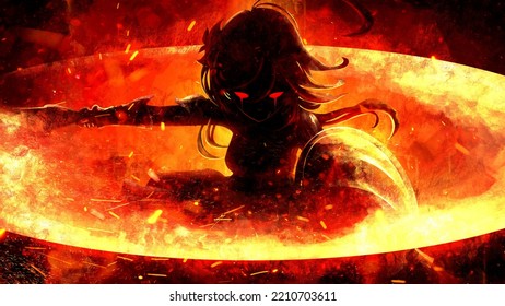 The Black Silhouette Of A Desperate Anime Girl With Bloody Eyes And Tears, She Is A Knight With A Shield Making A Circular Fiery Swing With Her Sword Burning Everything Around To The Ground. 2d Art