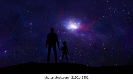 Black Silhouette Of Father Holding Daughter With Colorful Nebula And Stars In Space. Parent Concept, Digital Illustration, 3D Rendering