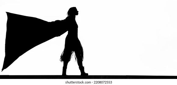 Black Silhouette Of Female Superhero Silhouette With Cape In Action Poses. Windy Weather. Isolated On White  Sky Background. Photo Of Female Super Hero. Woman Walking Against The Wind. Illustration.