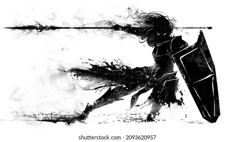 The black silhouette of a fierce agile knight in plate armor with a shield and a sword in his hands, he makes a sharp jerk to the side, dodging the same looking with burning eyes. 2d blob art