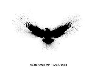 Black silhouette of a flying eagle with spread wings with paint splashes, splatters and blots isolated on a white background.