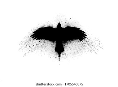 Black silhouette of a flying raven with spread wings with paint splashes, splatters and blots isolated on a white background.