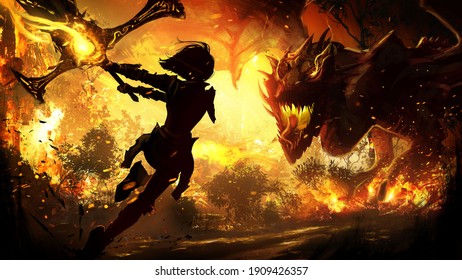 The black silhouette of a frail girl running to attack a sinister furious dragon with a huge sword at the ready, around the spark and scorch of the burned city . 2d illustration