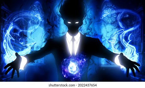 A black silhouette of a guy in an anime style jacket, he spreads his hands to the sides preparing his mystical blue spell against the background of Gothic windows in the moonlight of the 2d night