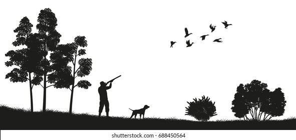 Black Silhouette Of A Hunter With A Dog In The Forest. Duck Hunting. Landscape Of Wild Nature