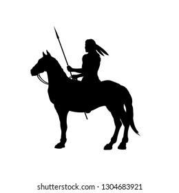 Black silhouette of indian on horse. Isolated image of western rider with spear. American landscape