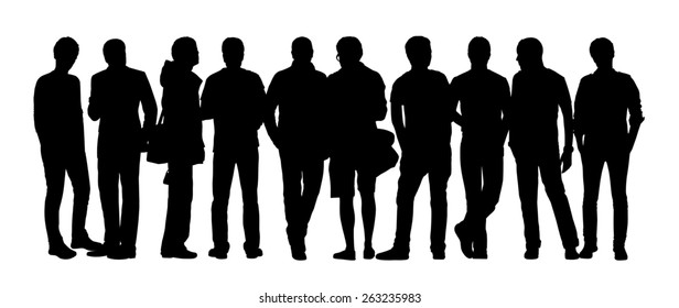 Black Silhouette Of A Large Group Of Young Men Only Talking Standing In Different Postures