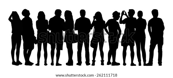 異なる姿勢で屋外に立ち 見る 写真を撮る 見る 若い大勢の若者の黒いシルエット のイラスト素材