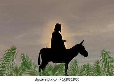 Black silhouette of Man over Donkey, referring to - the Triumphal Entry of Jesus at Jerusalem; Palm Sunday. Concept Christian Easter.