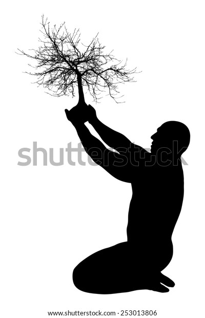 Black Silhouette Man Sitting Person Stretching Hands Up Holding A Tree