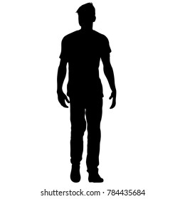 Black Silhouette Man Standing, People On White Background.