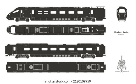 Black Silhouette Of Modern Train. Side, Top And Front Views. Isolated Locomotive Blueprint. Railway Vehicle. Railroad Pessenger Transport