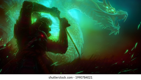 The black silhouette of a samurai in a fighting stance, behind him a huge spirit of the emerald dragon, They are allies bound by mystical magic standing in the night in the middle of a wheat field. 2d