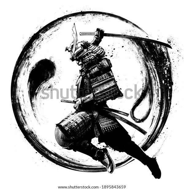 The\
black silhouette of a samurai flying into battle in an epic leap,\
he prepares to deliver a crushing attack with his katana, the yin\
yang symbol is formed around him. 2d\
illustration.\

