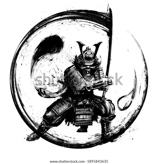 The black silhouette of a samurai with a\
katana in his hands, makes a circular movement, a yin yang symbol\
is formed around him, he is hiding in a low stance, ready for\
battle. 2d\
illustration.