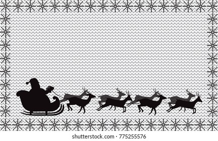 Black silhouette of Santa Claus flying in a sleigh with eight reindeer on white  knitted background framed with snowflakes. Christmas and New Year illustration, template with space for text.