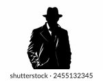 Black silhouette of a secret agent on a white background