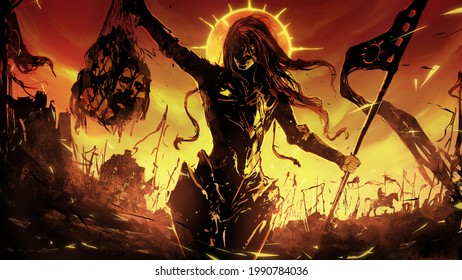 The Black Silhouette Of A Sinister Female Knight In Demonic Armor, She Holds A Net With Severed Heads In One Hand And A Red Flag In The Other, Behind Her An Army Of Darkness In The Rays Of A Fiery Sun