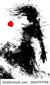 The Black Silhouette Of A Sinister Vampinar Woman, In A Torn Dress, Stands In Profile And Bares Her Sharp Teeth. 2D Illustration.
