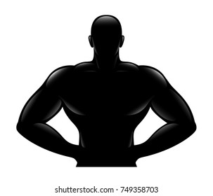 Black Silhouette Of Strong Muscular Sports Man, Bodybuilder Standing With Hands On Hips, Body, Naked Torso, Fitness And Health Volume Icon. Gym Logo Athletic Man, Health-care Object