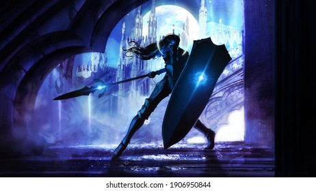A black silhouette of a warrior girl with a long magic spear and a huge shield, against the background of a huge Gothic palace in the light of a magical moon. 2d illustration