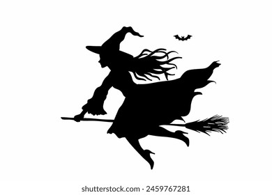 Black Silhouette of a witch flying on her broom on a white background - Powered by Shutterstock