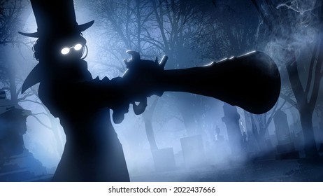 A black silhouette of a woman in a cylindrical hat and bright white glasses, she fired a pistol from a dynamic angle, against the background of a night cemetery in the fog illuminated by moonlight 2d 