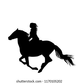 Black silhouette of a woman rider a running horse