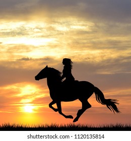 Black Silhouette Of A Woman Riding A Horse At Sunrise