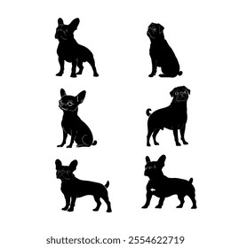 Black silhouettes of French Bulldogs and Pugs on a white background showcasing various poses and expressions