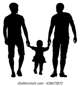 Black Silhouettes Gay Couples And Family With Children On White Background. Illustration.