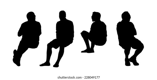 black silhouettes of men of different ages seated outdoor, front and profile views